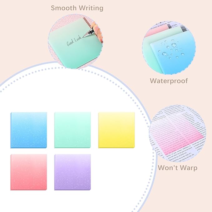 BAYTORY Glitter Transparent Sticky Notes, 3 x 3 Clear Memo Pads, Waterproof Self-Stick Note, See Through Aesthetic Self-Adhesive Note for Bible Accessories (Gradient Color 250 Sheets)