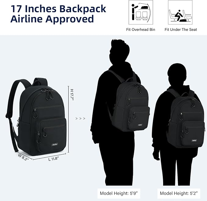 HanTrip 18 Inch Carry on Travel Backpack with Lots of Pockets, Black | 15.6 Inch Laptop Sleeve, Luggage Strap, Water Bottle Pocket, 28 Liters, Lightweight, Water Resistant, 18x14x8 Medium Bookbag