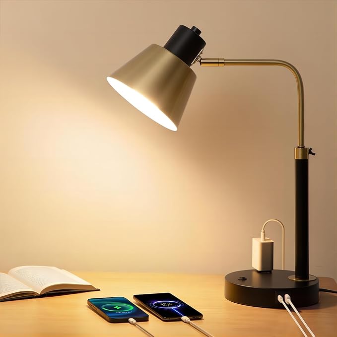 Desk Lamp with Dual USB Charging Port, Heavy Duty Metal Table Lamp, 340 Degree Swivel Arms, Easy Assembly with Cord Guide, Reading Lamp for Home Office Bedroom, Black & Gold (Bulb Not Included)