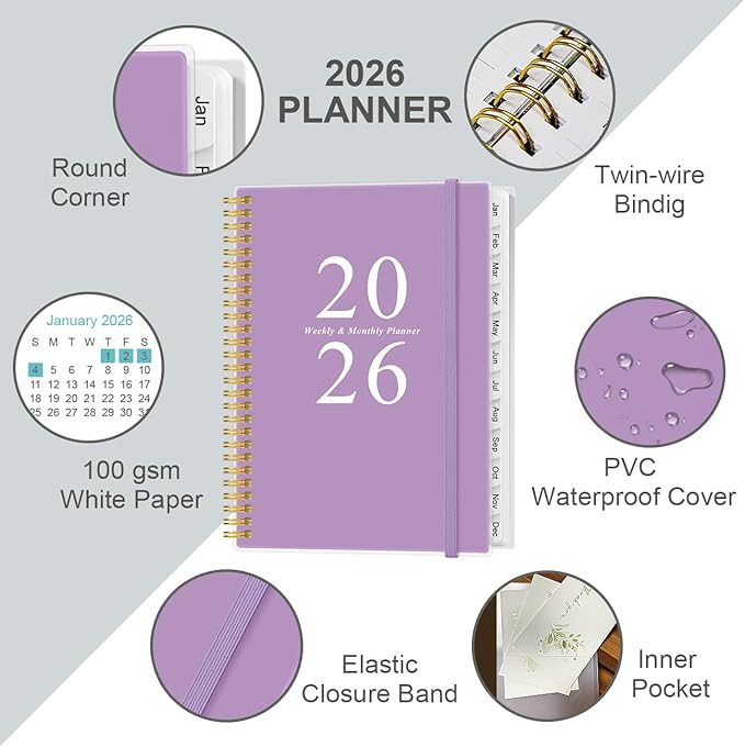 2026 Planner - Academic Planner 2026 from January 2026 to December 2026 with 12 Monthly Tabs, Flexible Cover, Inner Pocket, 8.5" x 11", Purple