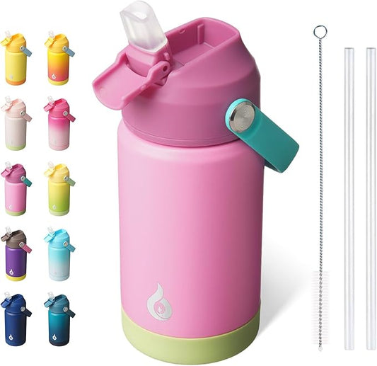 BJPKPK Insulated Water Bottle with Straw Lid, 12oz Thermo Water Bottles, Flex Handle & Non-slip Boot, BPA Free Leak Proof Stainless Steel Metal Thermo, Tumblers, Cups,Rose Pink