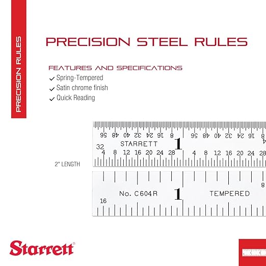 Starrett Spring Tempered Steel Rule with Satin Chrome Finish, Quick Reading, and Inch Graduation - 2" Length, 4R Graduation Type, 3/64" Thickness - C604R-2
