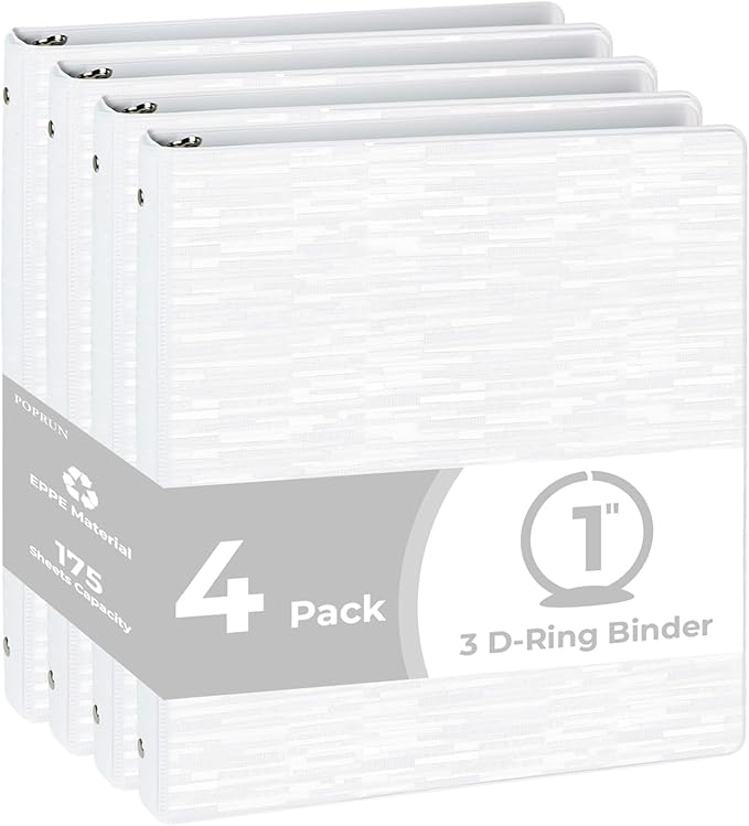POPRUN 3 Ring Binder 1 Inch, PVC-Free, Holds 175 Sheets of 8.5 x 11 Paper, Extra Durable Organizer with 2 Pockets for School & Office, Heavy-Duty, 4 Pack, White