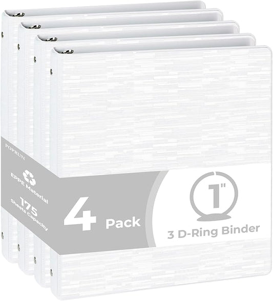 POPRUN 3 Ring Binder 1 Inch, PVC-Free, Holds 175 Sheets of 8.5 x 11 Paper, Extra Durable Organizer with 2 Pockets for School & Office, Heavy-Duty, 4 Pack, White