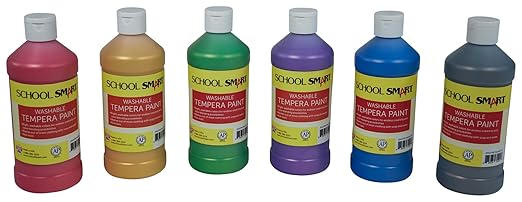 School Smart Washable Tempera Paints for School and Arts and Crafts Use, 16 Ounces Each, Assorted Metallic Colors, Set of 6