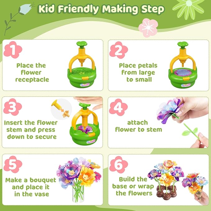 Flower Bouquet Making Kit for Kids Ages 4-8—DIY Arts and Crafts Toy, Build Your Own Flower Arrangement, Flower Press Craft Kit, Handmade Bouquet Birthday Gift for 3 4 5 6 7 8 9 Year Old Girls-[Green]