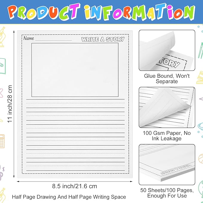 50 Sheets Writing Beginner Paper for Kids Create Story, 8.5"x11" Handwriting Paper Bulk with Picture Space and Lines DIY Craft Writing Kit for Kids Journal Activity, Back to School Gifts