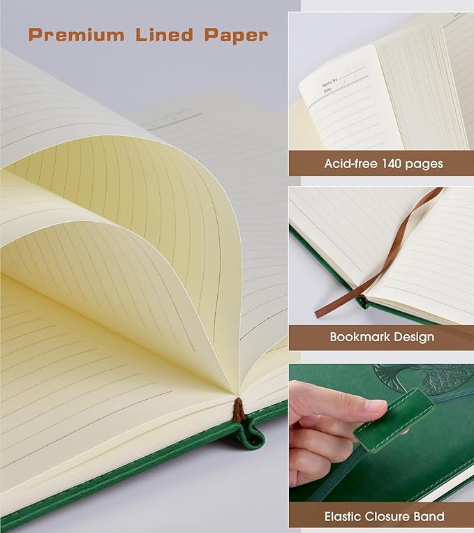 Biuwory Lined Pocket Journal Notebook for Women Men, 140 Pages A6 Leather Journals for Writing, Travel, Work, 3.7"×5.7" Mini Notebook, Hardcover Small Notebooks for Note Taking, Diary Notepad (Green)