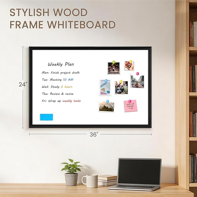White Board for Wall, 36" x 24" Magnetic Dry Erase Board, Decorative Wooden Frame Large Whiteboard, Wall Mounted, Aesthetic Writing Board for Home, Office, School - Black