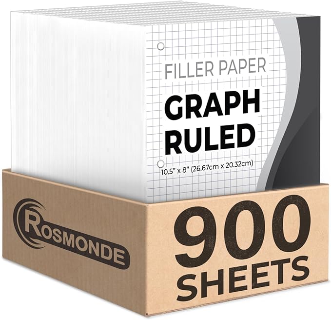 Rosmonde 6 Pack Graph Paper, 900 Sheets, 4x4 Loose Leaf Paper, 8" x 10.5", 3 Hole Punched for Binders, Grid Paper, 54 GSM Thick Graphing Paper, Quad Ruled, Notebook Paper for School & College