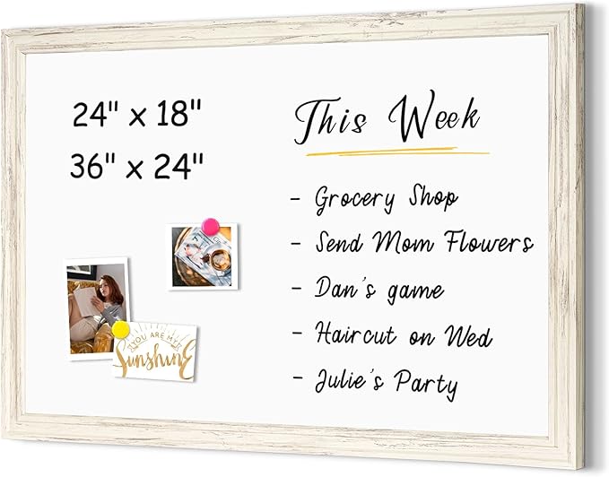 4 THOUGHT Dry Erase Board, 36 x 24 in Magnetic Whiteboard White Vintage Wood Frame Wall-Mounted White Board Decorative Notice Board for School, Office, Home, 8 Magnets 4 Markers 1 Eraser
