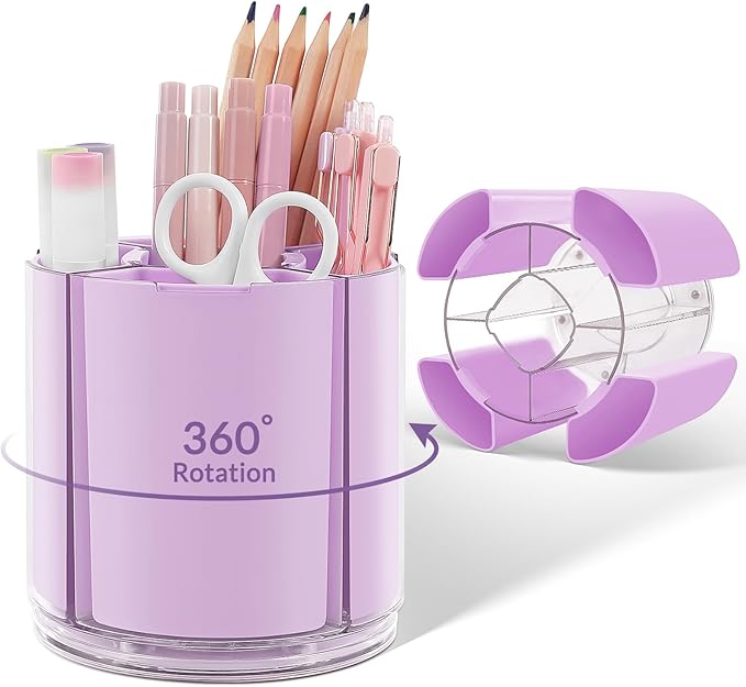 KONVINIT Purple Pen Holder for Desk, 5 Slots 360° Rotating Pen Organizer, Cute Desk Organizers and Accessories for School, Home, Office and Art Supply