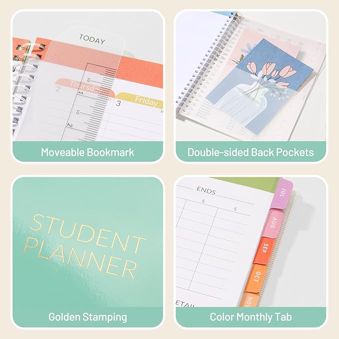 Student Planner 2026-2027, SUNEE Academic Weekly & Monthly Plan Book, Jul. 2026 - Jun. 2027, 6.5"×8.3" Middle & High School Planner, Lesson Plan Book with Week's Goals, Bookmark, Tabs, Mint Green