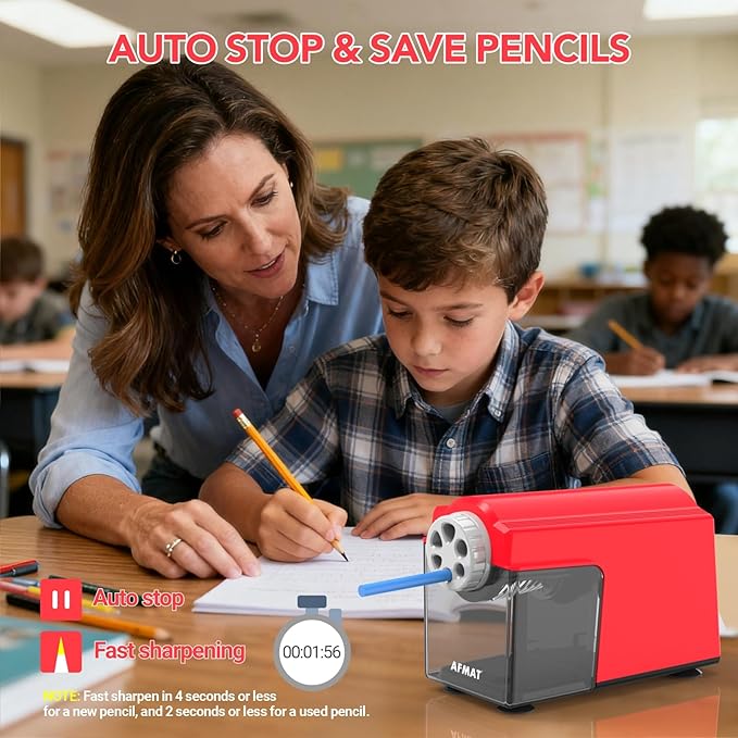 AFMAT Electric Pencil Sharpener Heavy Duty, 6 Holes, Cordless & Rechargeable, Super Fast, Auto Stop, 10K+ Uses, Classroom Pencil Sharpener for 6-11mm No.2/Large/Colored Pencils PSD4(Red)