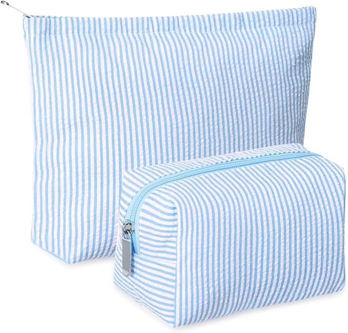 Huhumy 2 Pcs Makeup Bag Set for Women, Blue,Thin Striped Seersucker | Cute Cosmetic Pouch Women Travel Toiletry Bag Preppy Small Makeup Purse Pouch Aesthetic Skincare Brushes Storage Organizer