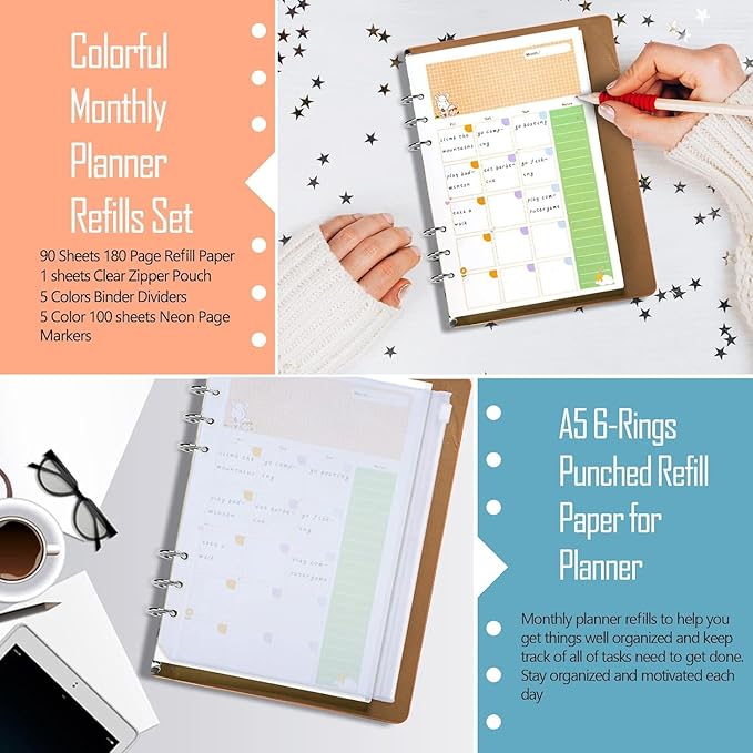 Rancco A5 Planner Inserts Monthly Planner Refills, 90 Pages Colorful 6-Ring Loose-leaf Monthly Binder Paper w/Divider, PVC Pouch, Ruler, Index Tab for Journal, Filofax, Double-sided, Undated,8.3x5.6"
