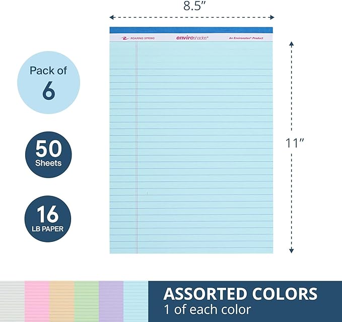 ROARING SPRING Enviroshades Assorted Colored Legal Pads, 6 Pack, Legal Ruled Recycled Writing Note Pads, 8.5" x 11", 50 Sheets, Perforated Paper, Made in USA, Memo Pad For School & Office