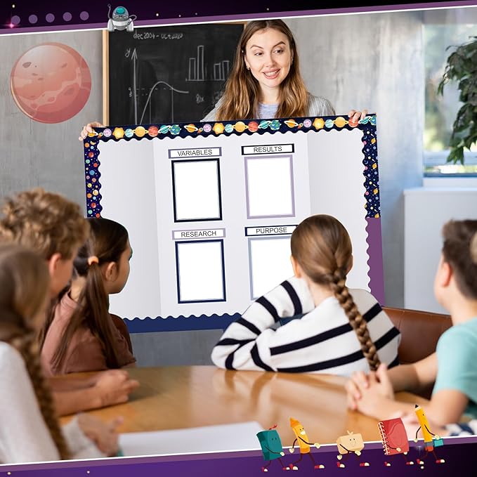 Fuyoooo 90 Pcs Science Fair Board Supplies 60 Trim Scalloped Bulletin Borders 24 Presentation Board Subtitles 6 Science Fair Titles for Classroom Display Boards(Space)