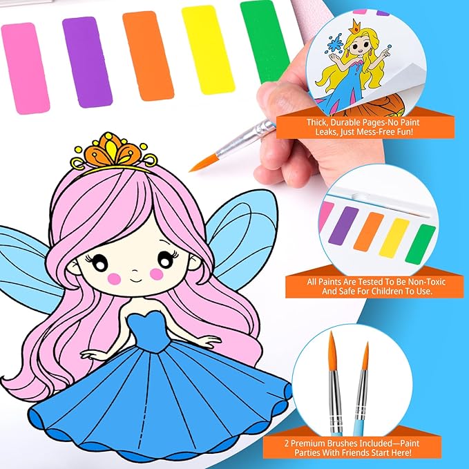 Fenmay Paint with Water Books for Kids, Mess Free Coloring Books with 2 Premium Brushes for Kids Ages 3-5, 4-8, Arts and Crafts Drawing Activities Birthday Gift (Princess)