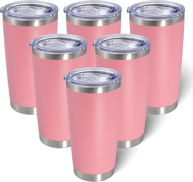 AIANJI 20oz Tumbler Bulk Stainless Steel Tumblers with Lid Vacuum Insulated Double Wall Travel Coffee Mug Powder Coated Tumbler Cup for Hot and Cold Drinks(Pink, 6 pack)
