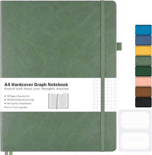 Graph Paper Notebook, Hardcover Notebook 8.5 x 11, Grid Notebook Journal for Women, Men, Large Leather Journals for Writing, Thick Paper, A4 Notebooks for Work, School Supplies, Engineering Olive