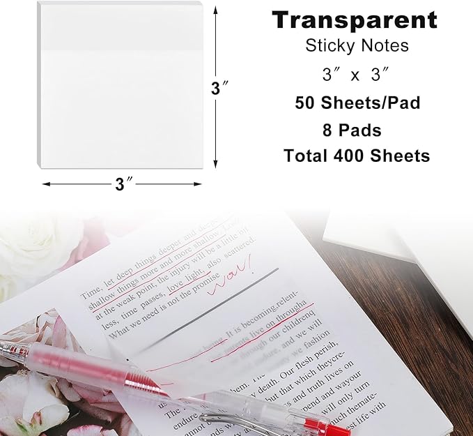 400 Sheets Transparent Sticky Notes, 3x3 inch 8 Pads Clear Sticky Notes, Self-Stick Translucent See Through Post Note Pads for Books Annotation