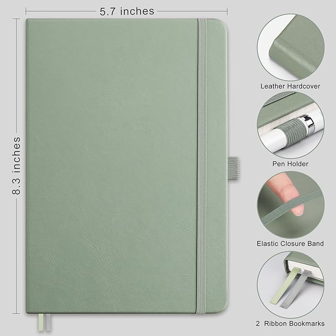 RETTACY Dotted Journal Notebook, 192 Pages, A5 Medium Size (5.7'' x 8.3''), Leather Hardcover, 100 GSM Thick Paper, for Journaling, Planning, Tracking (Sage Green)