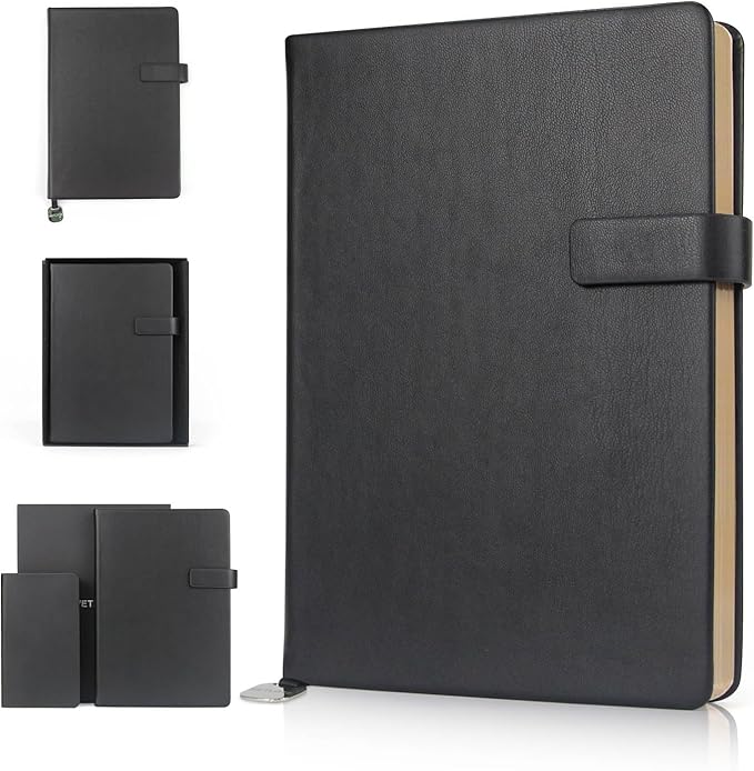A5 Hard Cover Notebook with Pen Holder, Gold Edges & 180° Lay Flat - Large 5.7x8.4 Lined, Bookmark, Gift Box - Durable Journal for Office, Study, Travel - Writers, Students(Black)