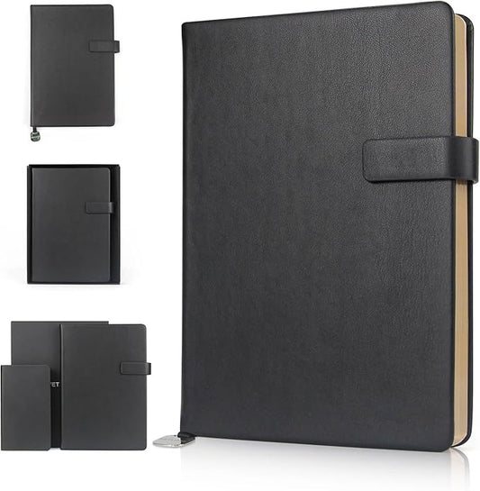 A5 Hard Cover Notebook with Pen Holder, Gold Edges & 180° Lay Flat - Large 5.7x8.4 Lined, Bookmark, Gift Box - Durable Journal for Office, Study, Travel - Writers, Students(Black)