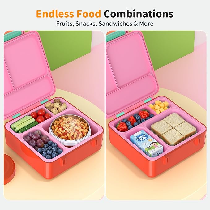Bento Box for Kids, Lunch Box with Sticker for School | DIY Sticker Fun, Quick Lunch Packing, 4-Compartment Design, Insulated Food Jar, BPA-Free, Leak-Proof