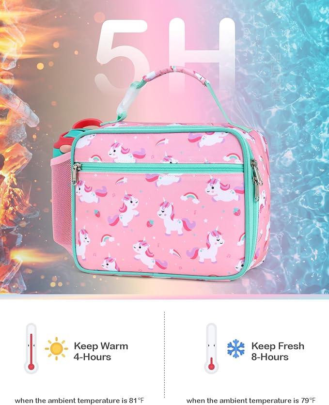 Bagseri Kids Lunch Bag Girls - Thermal Insulated Lunch Box Tote with Water Bottle Holder, Reusable Leak-Proof Kids Lunch Box for Daycare & School, Pink Cute Unicorn (Containers Not Included)