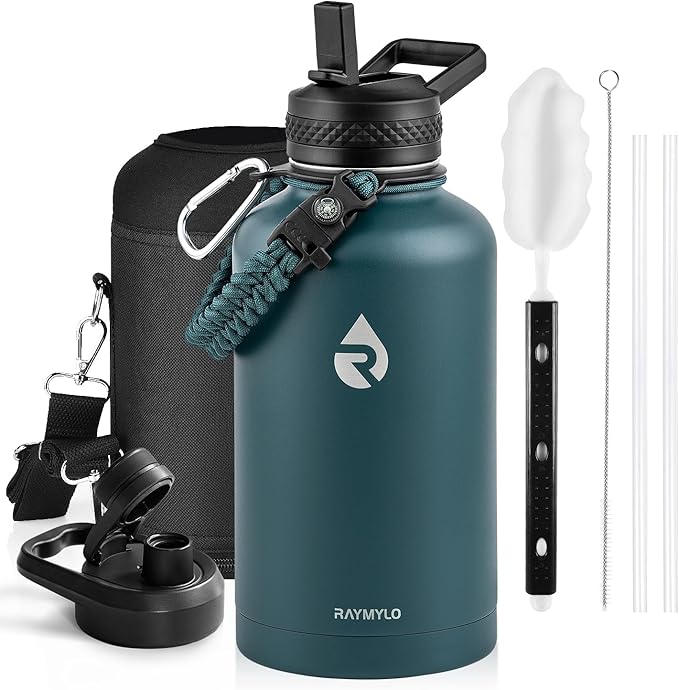RAYMYLO Insulated Water Bottle 64 oz, Triple Wall Vacuum Stainless Steel (Cold for 48 Hrs), Leak Proof & Non-BPA, Half Gallon Water Flask Jug with Paracord Handle & Straw Spout Lids, Dark Green