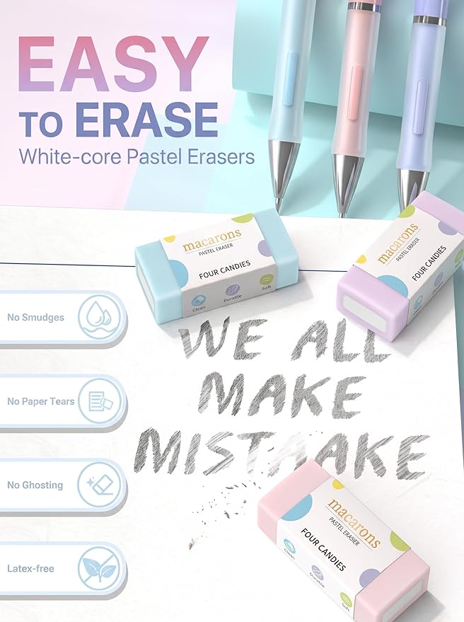 Four Candies 3PCS Cute Mechanical Pencils Set, 0.9mm with 360PCS Thick Leads, Pastel Erasers & Case, Preppy Aesthetic School Supplies for Fast Note-Taking, Bold Sketching and Art Drawing