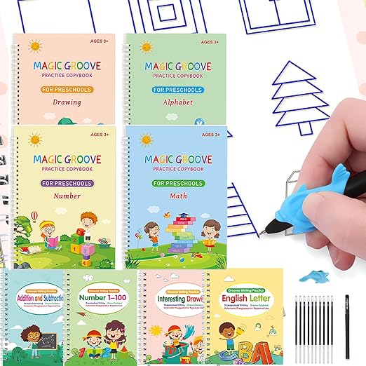 Magic Grooved Handwriting Book Practice,Practice Copybook,Handwriting Practice Copybook,Reusable Practice Book for Preschool Age 3-8 Back to School Supplies (4 Large and 4 Small Books with Pens)