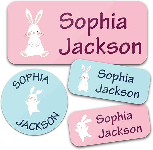 Bunny Badges Personalized Daycare Name Labels for Kids (130 Labels) - Custom Waterproof Name Stickers for Clothing Tags, Water Bottles, Lunch Boxes and School Supplies (Bunny)