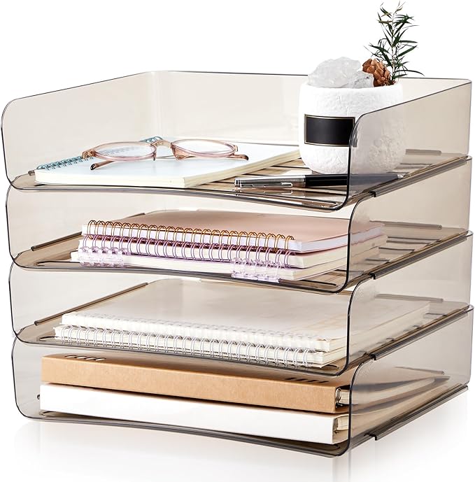 Harloon 4 Tier Clear Gray Acrylic Paper Organizer Letter Tray, Aesthetic Stackable Desk File Organizer Holder Office Tray for A4, Modern Home Office File Pad Books Notes, 13 x 9.8 x 3 Inches