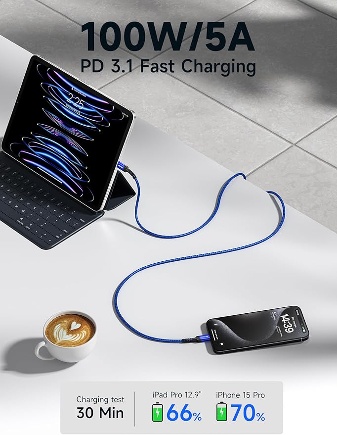 JSAUX 100W USB C to USB C Cable for iPhone 17, USBC Type C Charge Cord 5A Fast Charging Compatible with iPhone 17 Air 16 15 Pro Max Samsung Galaxy S25 S24 MacBook iPad Pro Carplay (2-Pack, 10ft) Blue