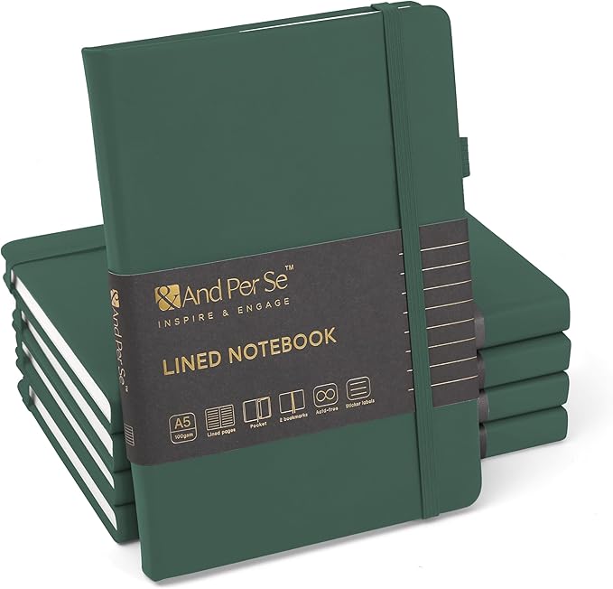 &And Per Se Lined Notebooks Bulk 5-Pack, A5 Hardcover Journal, 160 Pages 100gsm Thick Paper, Classroom Supplies for Students, Teachers, College Ruled Notebooks for School Office (Green)