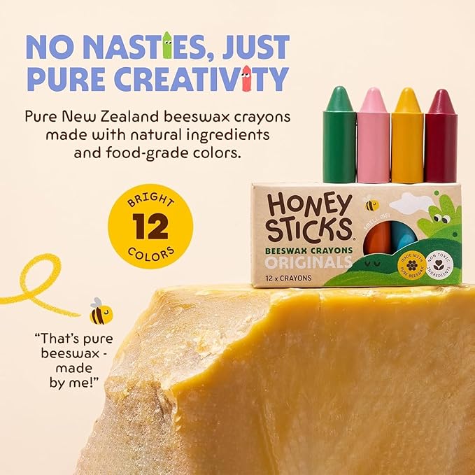 Honeysticks 100% Pure Beeswax Crayons (12 Pack) - Non Toxic Crayons for Toddlers 1-3, Safe for Baby from 1 Year Old Plus, Handmade with Natural Beeswax and Food-Grade Colors, Eco Friendly
