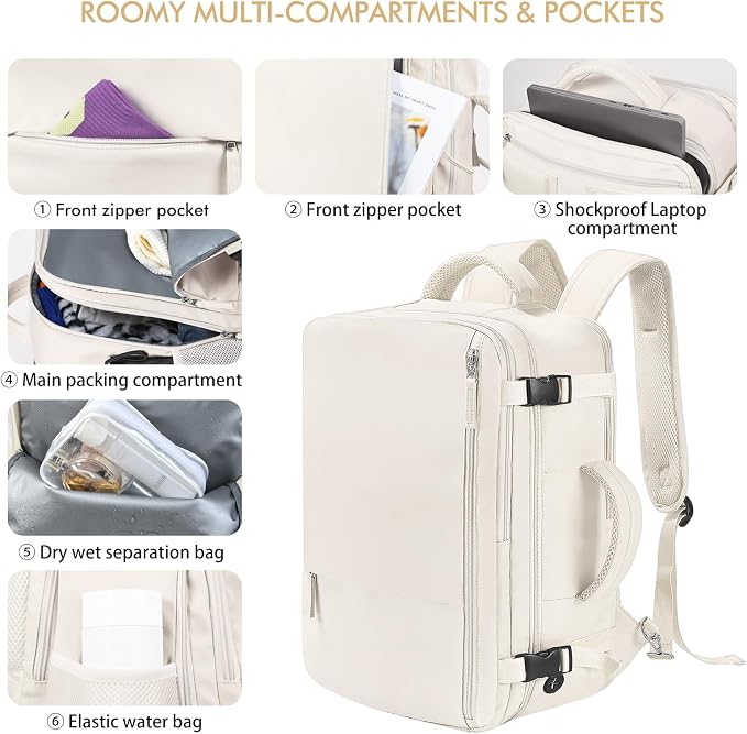 Beraliy Travel Backpack Airline Approved, Carry on Backpack, 16 Laptop Backpack, Waterproof Weekender Bag, Casual Daypack, Hiking Backpack, Beige | 16 Inch Laptop Waterproof Hiking Backpack, Casual Outdoor Daypack Bag for College Weenkender Business, B...