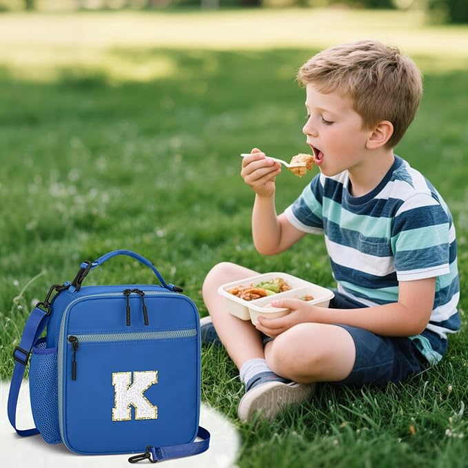 Initial Insulated Lunch Bag for Boys Kids, Back to School Gift, Reusable Leak-proof Lunch Box with Adjustable Strap for School Daycare Travel Picnic（Blue，K）