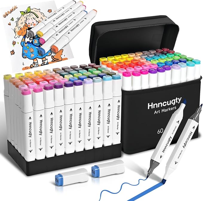 Hnncugty Alcohol Markers Set 60 Colors, Dual Tips Coloring Art Markers Set with Case & Holders, Chisel & Fine Artist Sketch Pens Art Supplies for Adult Coloring Books, Drawing, Painting, Sketching