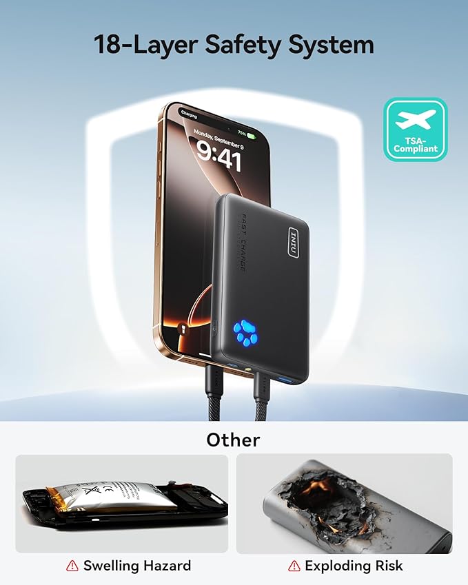 INIU 45W Fast Charging Portable Charger, 40% Smaller 10000mAh with Detachable Cable, Flight-Safe Travel Power Bank, USB C External Phone Battery Pack for Camping, ShortTrip, Travelers, Hikers, Green
