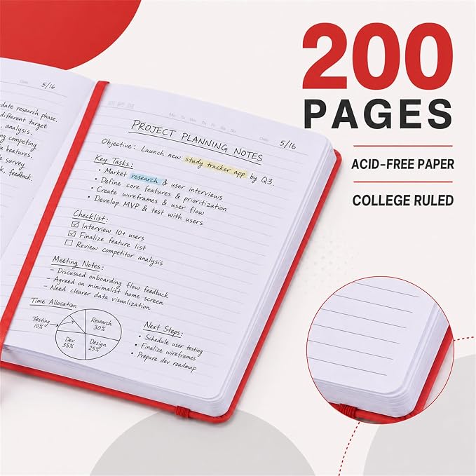 SUIN A5 Hardcover Lined Journal Notebook, 200 Pages, Red, 1 Pack
