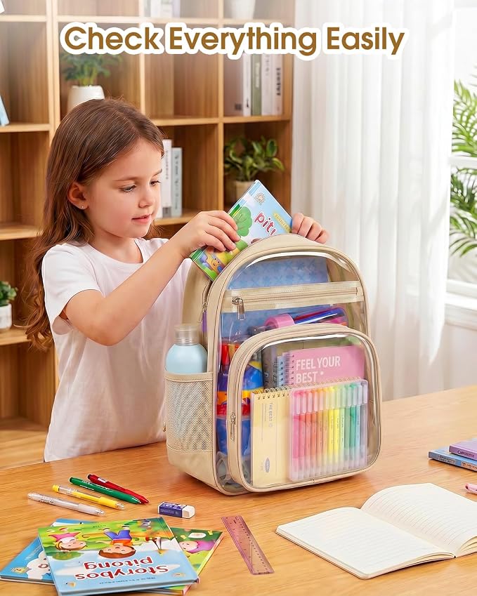 Soimeat Clear Backpack for Girls Boys - Kids Clear Bookbag - Fabric & PVC Transparent Backpacks for Elementary School, Khaki