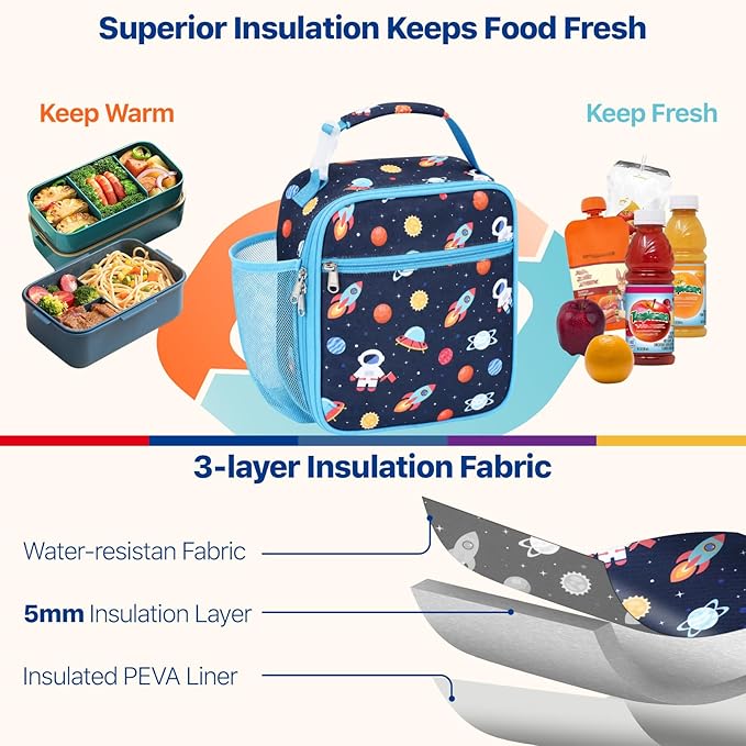 Bagseri Kids Lunch Box for Boys - Insulated Toddler Lunch Bag Fits Bento Box, Reusable Daycare Cooler Tote with Clip Handle, Water-Resistant Lining, Navy Space