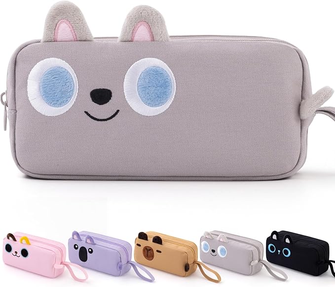 CICIMELON Cartoon Pencil Case, Large Capacity Pen Pouch with Embroidered Animal Design, School Supplies Bag for Kids, Teens, Students (Gray Dog)