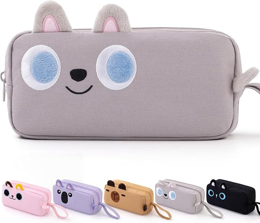 CICIMELON Cartoon Pencil Case, Large Capacity Pen Pouch with Embroidered Animal Design, School Supplies Bag for Kids, Teens, Students (Gray Dog)