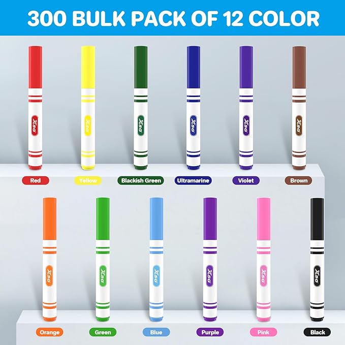 XSG Washable Markers Bulk 300-Count for Classroom, 12 Color Bulk Markers Pack withBroad Line Conical Tip Coloring, Non-Toxic Art Supplies & School Supplies for Students, Teachers, Back to School