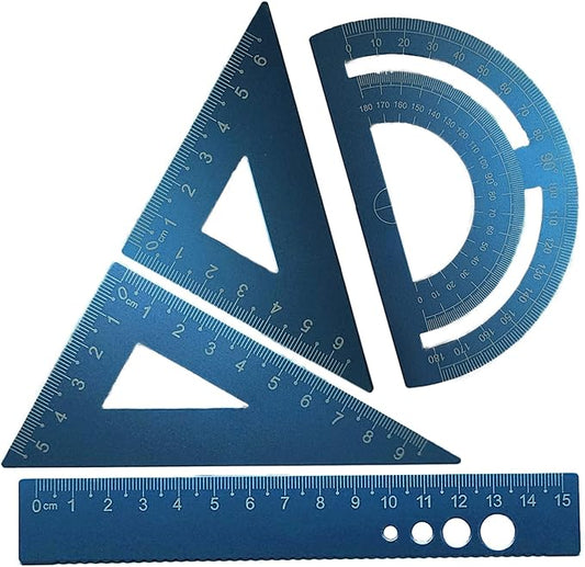 4 Pack Blue Metal Math Geometry Tools Aluminum Alloy Straightedge Triangle Ruler Protractor, Steel Graphic Design Tools Drafting Tool for Student Teacher Metric Drawing and Drafting